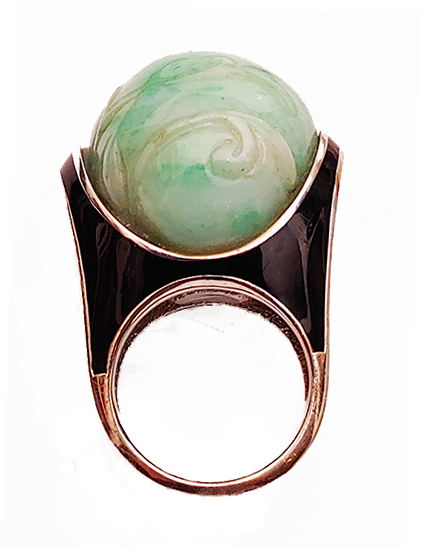 French Art Deco Jade, Silver and Lacquer Ring