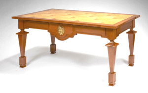 Arbus mahagony and sycamore desk-w-Androusov-head c1940 29.5x63x33.25 inches