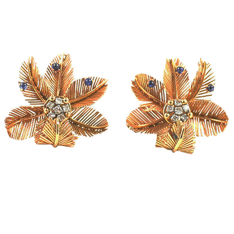 Gold, Diamond and Sapphire 1940's Feather Earrings - Primavera Gallery